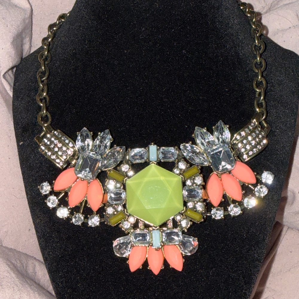 Chunky Statement necklace Floral Crystal Necklace in Lime Green and Coral